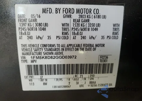 2016 Ford Explorer Xlt from USA, damaged, VIN 1FM5K8D82GGD03972